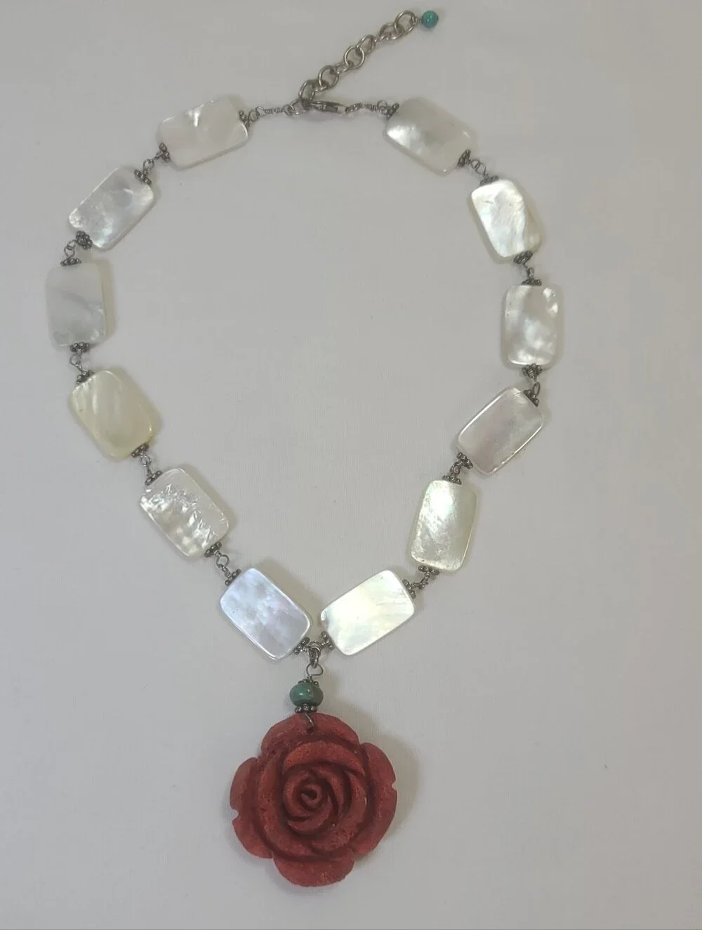 Red Coral Floral Rose Flower Pendant & Mother of Pearl Sterling Silver Necklace